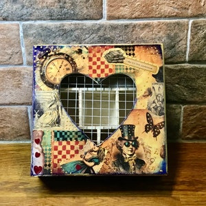 Solid wood Alice In Wonderland jewellery box, decoupaged, trinket box, keepsakes organiser. Alice in Wonderland gift, jewellery organiser.