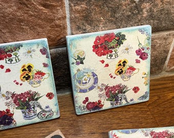 Decoupage Flower Coasters: Shabby Chic Rustic Decor, Set of 4