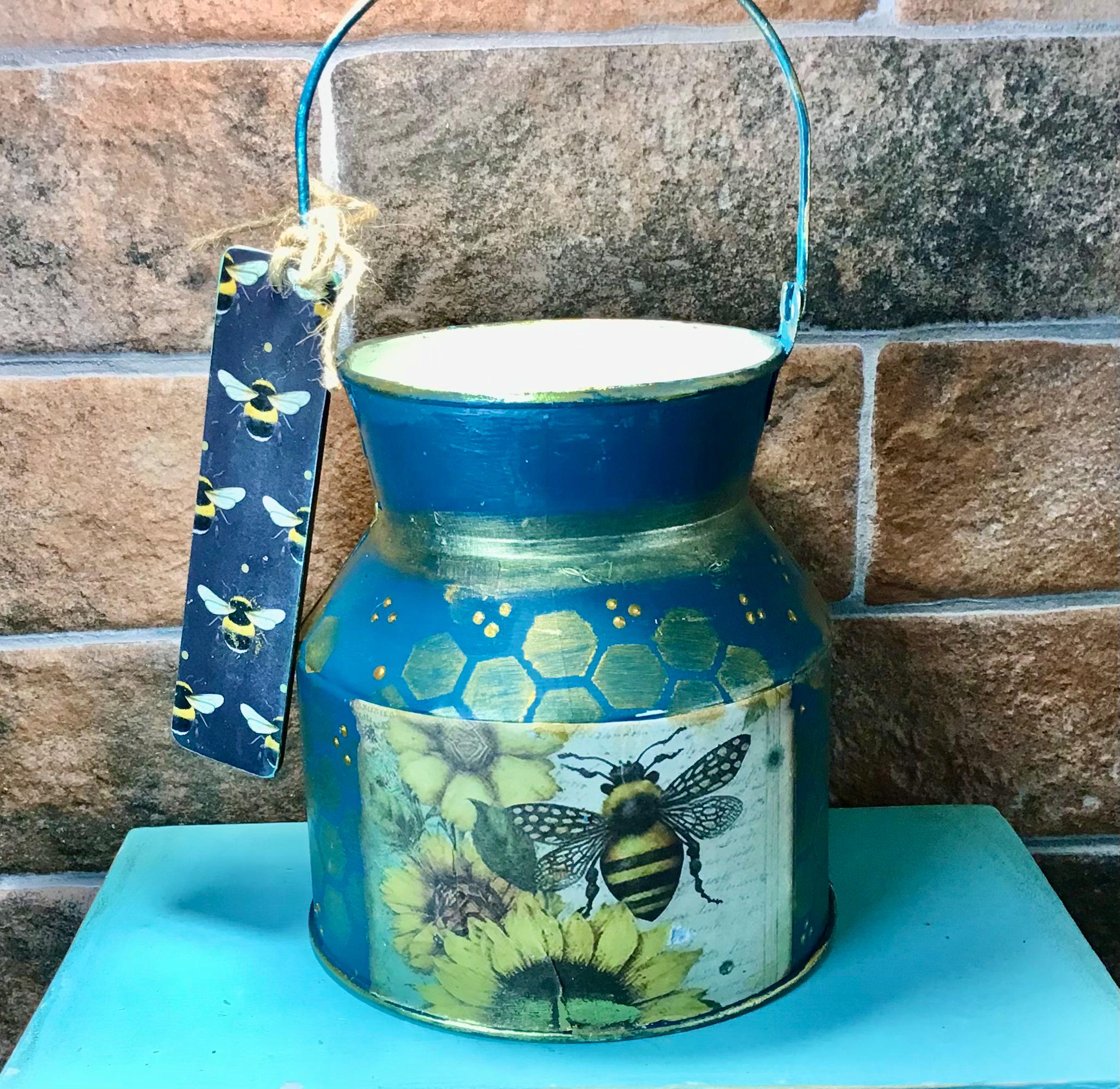 Galvanised metal milk churn country farm house themed decoupage milk can, flower vase, home decoration