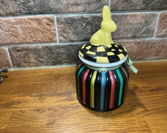 Hand painted unique bunny rabbit glass ribbed jar with lid