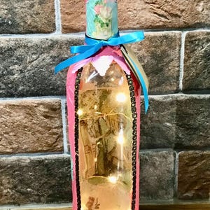 Alice in Wonderland handcrafted decoupaged light up bottle, handcrafted Alice in Wonderland inspired gift idea, bottle art home decoration