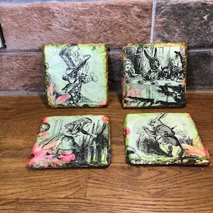 Alice In Wonderland decoupage coaster set of 4, Alice in Wonderland gift idea, Alice in Wonderland mug coaster mats
