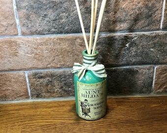 Handmade Decoupage Reed Diffuser Bottle: Vintage Green & Gold Farmhouse Decor