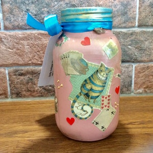 Alice in Wonderland handcrafted decoupaged, large Mason jar, Alice in Wonderland gift idea, home decoration, Alice In Wonderland ornament