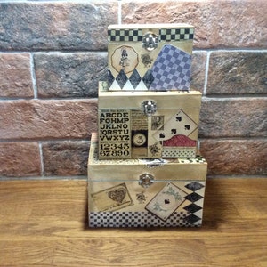Alice in Wonderland wood jewellery organiser, 3 inter-stacking Jewellery storage boxes, Alice in Wonderland home gift idea