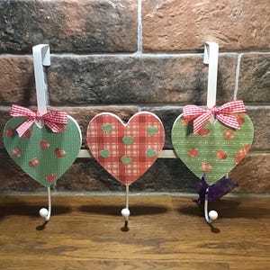 Over door hooks, shabby chic decoupage coat hooks, clothes storage, three heart hooks, country style themed decoupage
