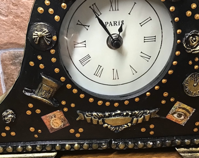 Steampunk clock, Steampunk inspired artisan hand decorated mantelpiece clock, Steampunk home decor, Steampunk gift idea