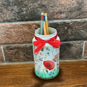 Ceramic pen pencil pot, desk tidy, decoupaged wild Poppies perfect gift, country style home office pen pot holder, make up brush organizer
