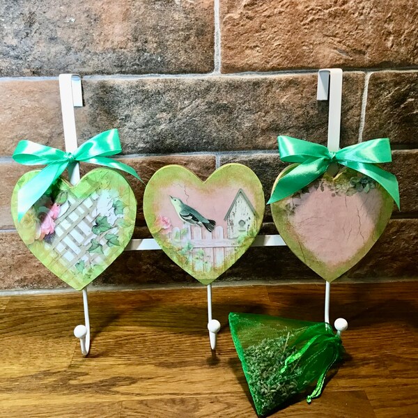 Over door hooks, shabby chic decoupage coat hooks, clothes storage, three heart hooks