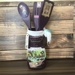 Recycled Glass kitchen storage jar Alice in Wonderland kitchen utensil storage jar decoupaged glass jar unique gift for her