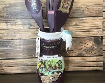 Recycled Glass kitchen storage jar Alice in Wonderland kitchen utensil storage jar decoupaged glass jar unique gift for her