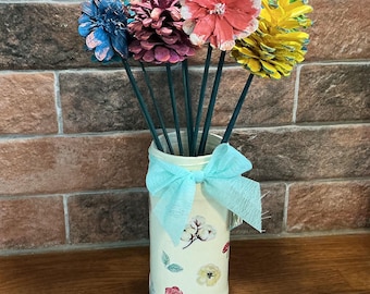Hand-Painted Pine Cone Flower Vase: Upcycled Glass, Country Decor
