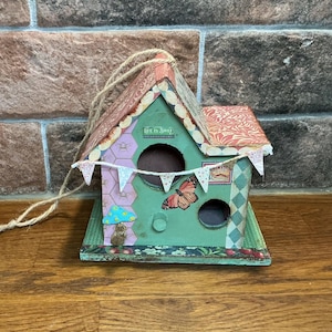 Bird house wood painted decoupaged bird nesting box garden bird box rustic perfect gardener gift