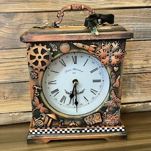 Steampunk handcrafted tabletop mantel clock, industrial theme clock, steampunk gift idea