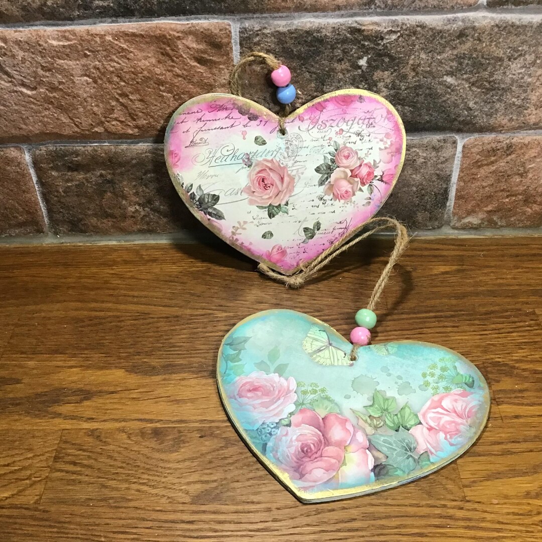 Decoupaged Wooden Hanging Hearts Handcrafted Wooden Heart Home Decor ...