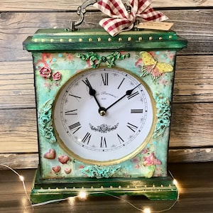 Mantle wood Clock hand decorated decoupage vintage shabby chic style clock, home accent, home gift