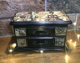 Vintage wood jewellery box Steampunk inspired jewellery box keepsake box love gothic steampunk gift idea