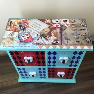 Jewellery box, Alice in Wonderland handmade decoupaged small cabinet chest of drawers, Alice in Wonderland jewellery box, Alice gift idea