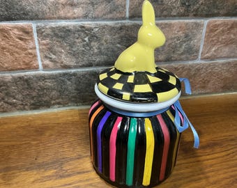 Hand painted unique bunny rabbit glass ribbed jar with lid