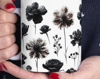 Black Wildflowers Coffee Mug, Pressed Flowers Mug, Black Floral Nature Mug, Botanical Tea Cup, Flower Garden Lover, Gift for Her