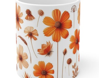 Orange Wildflowers Coffee Mug, Pressed Flowers Mug, Orange Floral Nature Mug, Botanical Tea Cup, Flower Garden Lover, Gift for Her