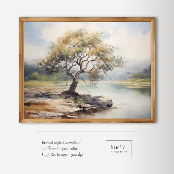 Fall Oak Tree and River Painting | Vintage Art | Digital Download