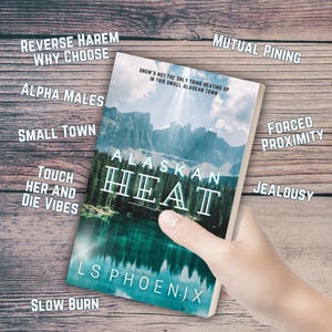 May include: A paperback book titled "Alaskan Heat" with a landscape image of mountains and a lake. The book cover includes the author's name, LS Phoenix, and the text "Snow's not the only thing heating up in this small Alaskan town."