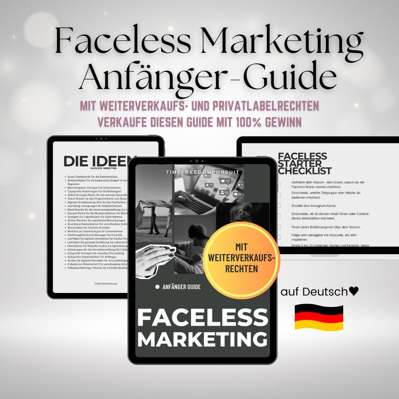 100 idées de produits numériques allemands avec droits de revente, guide du débutant en marketing numérique sans visage, liste de contrôle marketing INSTAGRAM, image 1