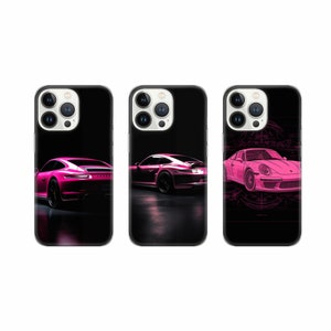 May include: Three black iPhone cases featuring a pink sports car design. The cases have a cutout for the camera lens and a black background.