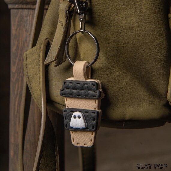 Adorable Coffee Cup Ghost Polymer Clay Keychain – Cute Handmade Spooky Coffee Charm, Perfect Halloween, Bag, or Backpack Accessory