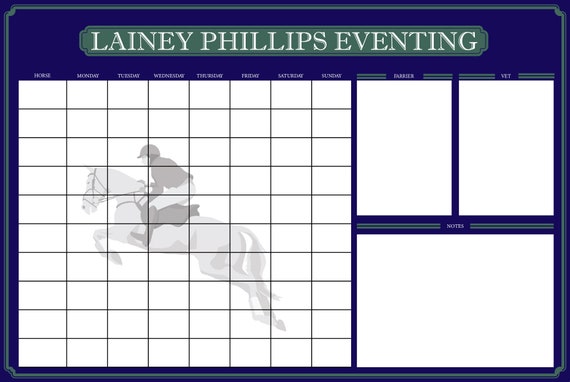 Custom Equestrian days of the week/vet/ferrier dry erase. The logo in the center is a picture of the client jumping her horse Bingley!