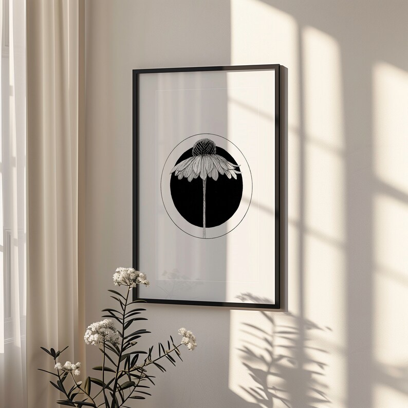 Coneflower Black and White Wall Art, Hand Drawn Botanical Print