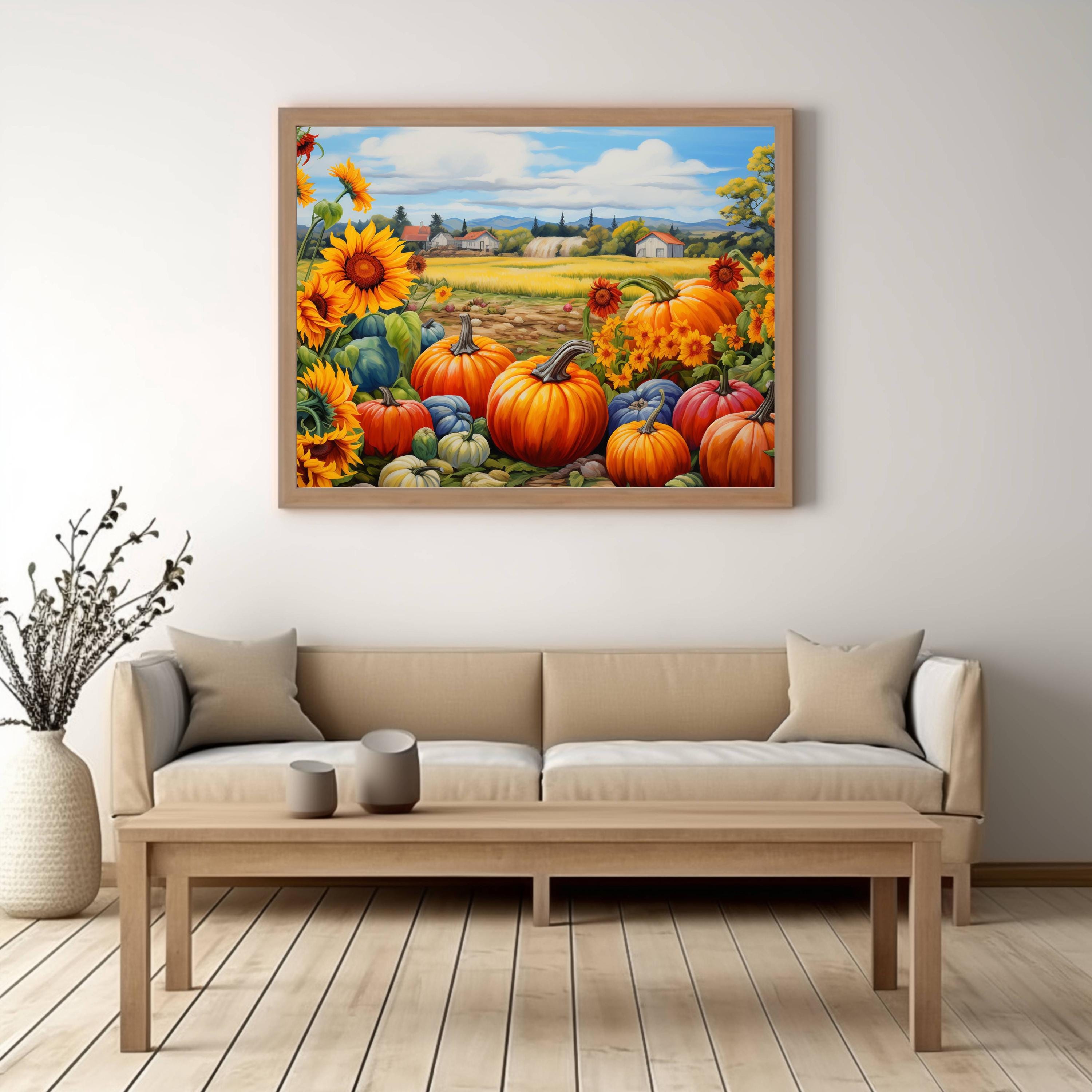 Printable Autumn Countryside Oil Painting, Rustic Field Sunflower Art ...