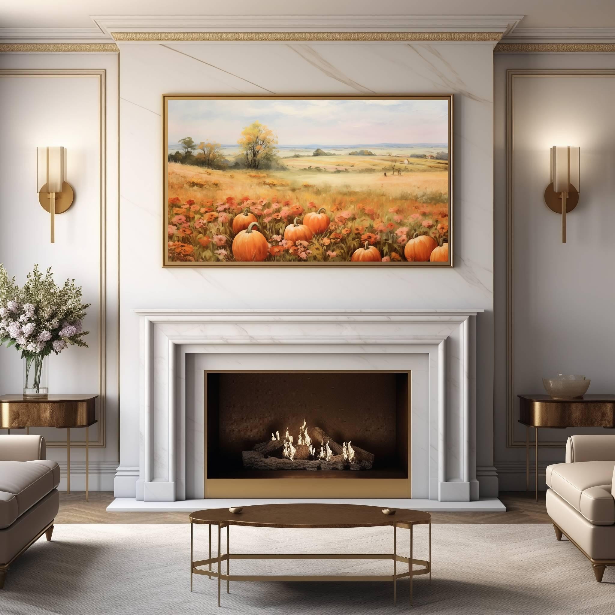 Printable Autumn Pumpkin Landscape Oil Painting, Rustic Field Art Print ...