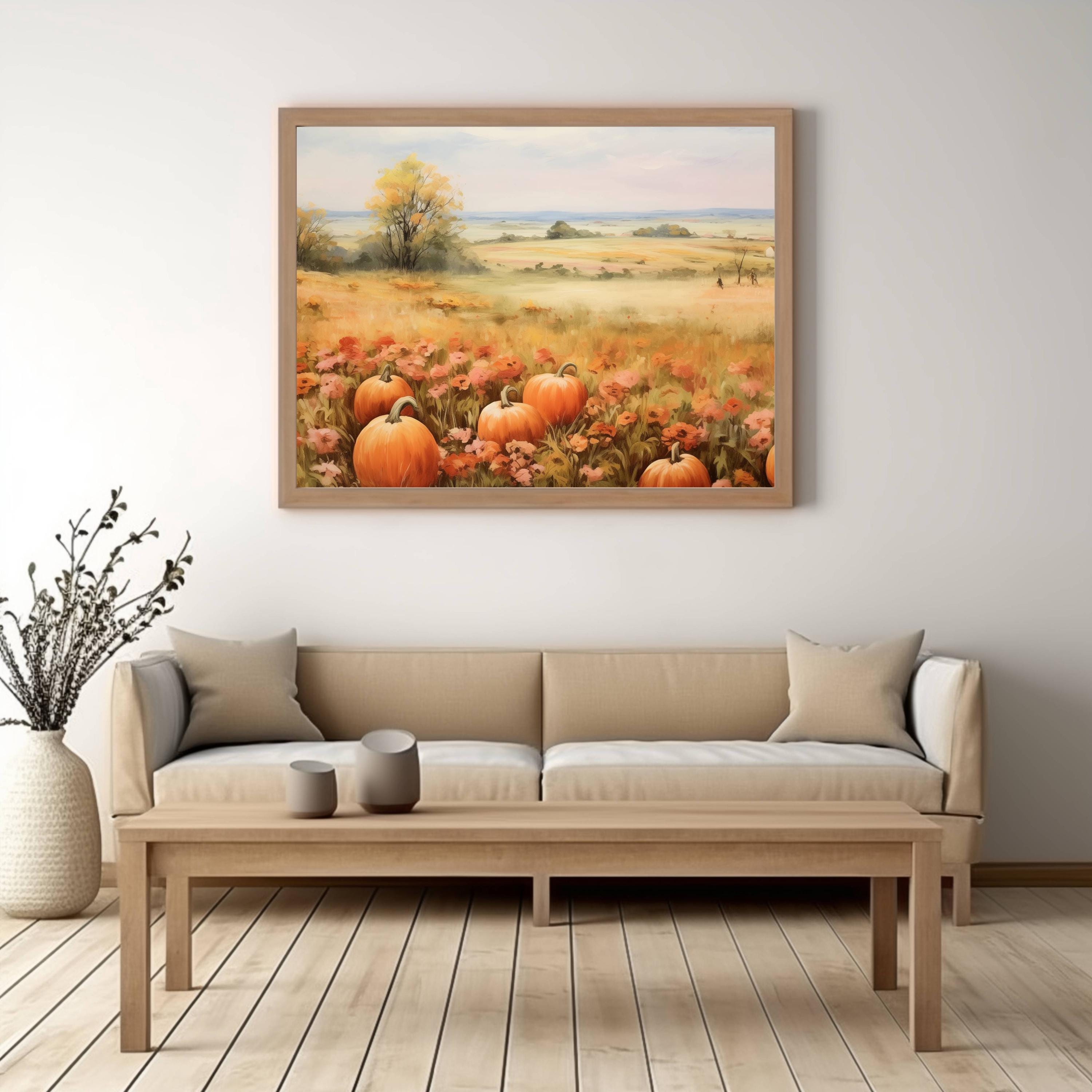 Printable Autumn Pumpkin Landscape Oil Painting, Rustic Field Art Print ...