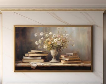 ムーディなサムスンフレームテレビアート、ヴィンテージブック油絵