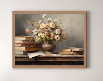 Printable Vintage Library Book Art, French Country Décor, Cottage Core, Dark Academia Decor Wildflower Print Floral Wall Art Flower Art