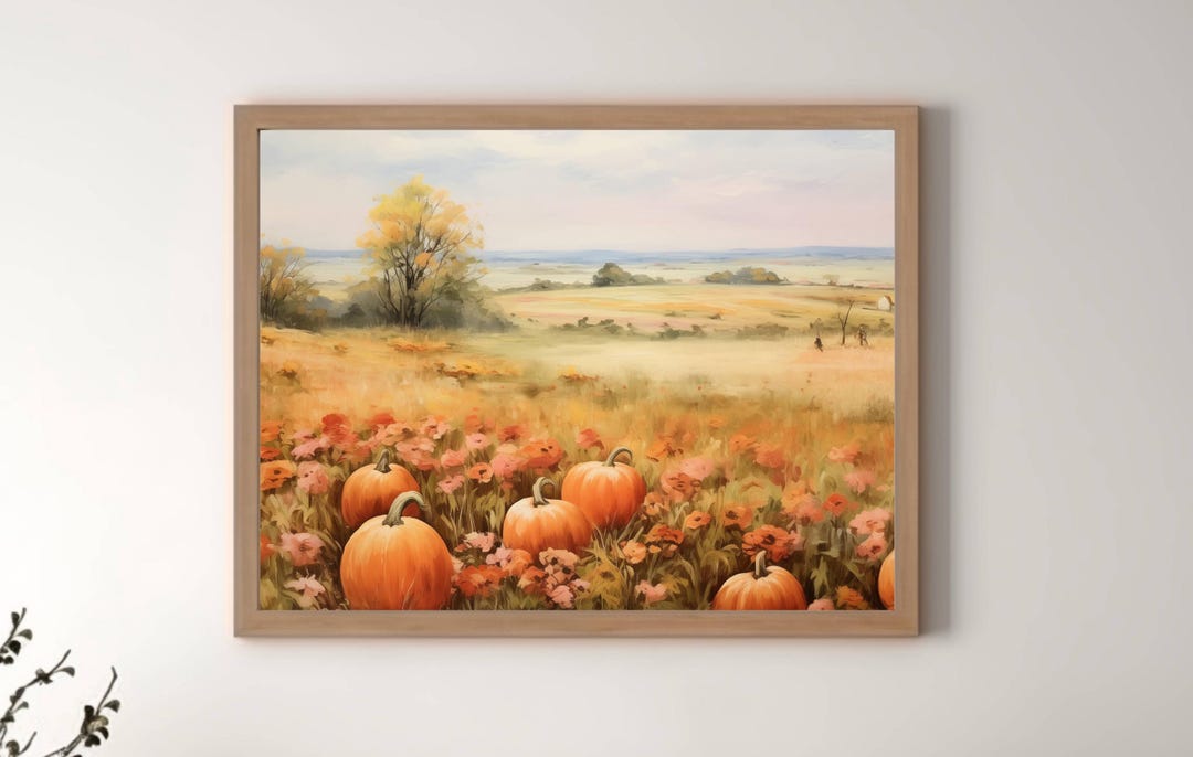 Printable Autumn Pumpkin Landscape Oil Painting, Rustic Field Art Print ...