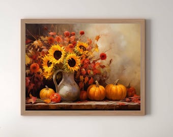 Printable Fall Art, Vintage Still Life Oil Painting, Cottage Core Décor, Sunflower Art, Autumn Floral Bouquet Wall Art, Vintage Wall Art,