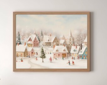 Printable Pastel Christmas Village, Girlie Winter Art,  Holiday Poster, Trendy Christmas Art, Wall Art, Pink Winter Village
