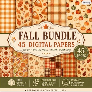 Może przedstawiać: Cyfrowa kolekcja zatytułowana FALL BUNDLE 45 DIGITAL PAPERS zawierająca różne wzory o tematyce jesiennej, w tym pomarańczowo-białą kratę, ilustracje dyń, jesienne liście, żołędzie, wzory w kratę oraz kawałki ciasta dyniowego.