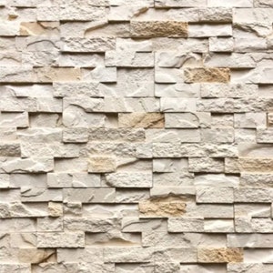 Può includere: Un muro strutturato composto da blocchi di pietra rettangolari, bianco sporco e beige. I blocchi sono disposti in un motivo sfalsato, creando una superficie visivamente interessante. Le diverse tonalità di colore e la consistenza ruvida conferiscono al muro un aspetto naturale e rustico.