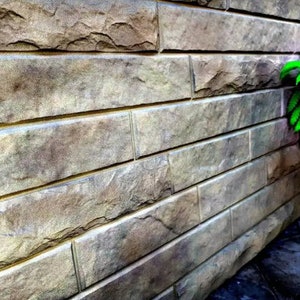 May include: A close-up of a wall made of stacked stone-like tiles. The tiles are a mix of brown, gray, and beige. A green plant is growing on the right side of the wall.
