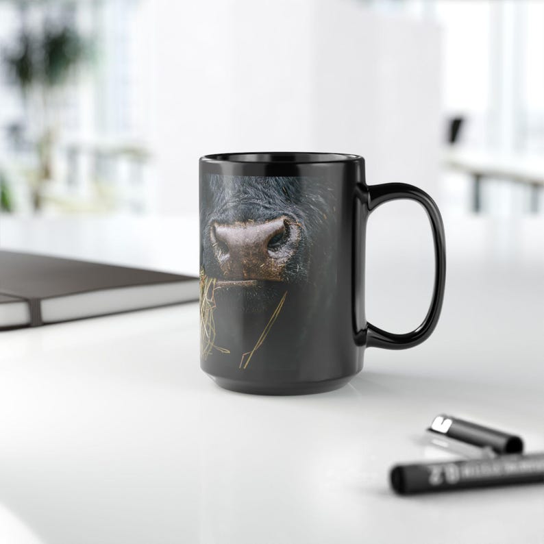 Black Mug, 15oz - Cow Nose with Hay Design, Left and Right Handed, Farmhouse Kitchen Decor, Animal Lover Gift, Coffee Cup, Tea Mug