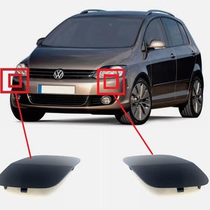 Könnte beinhalten: Ein dunkelgrauer Volkswagen Golf mit einer beigefarbenen Frontstoßstange. Zwei schwarze, gebogene Kunststoff-Stoßstangenabdeckungen sind unter dem Auto abgebildet. Das Auto hat ein silbernes VW-Logo auf der Vorderseite.