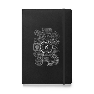 May include: Black notebook with a textured cover featuring a design of white passport stamps with the text "Time to Travel" in the center.