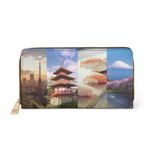 Japón es siempre una buena idea / Sushi Mt Fiji Pagoda Torre de Tokio Flores de cerezo japonés / Cartera gris claro / Cremallera de oro / Cartera de viaje