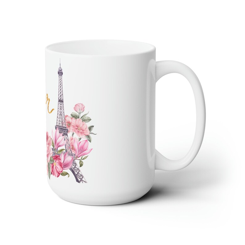 Bonjour Ceramic Mug Paris Eiffel Tower 15oz Mug Flowers France Themed