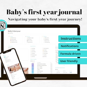 Plantilla de Notion para el primer año del bebé, diario del primer año del recién nacido, registro de hitos mensuales, recetas para bebés y planificador de comidas para mamás.
