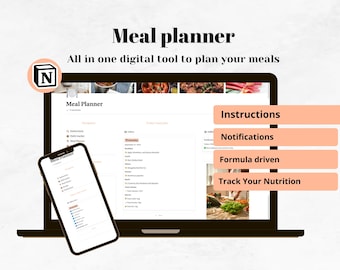 May include: A digital meal planner displayed on a laptop and smartphone. The laptop screen shows a meal planning interface with food images. The smartphone mirrors the interface. Text includes "Meal planner" and "All in one digital tool to plan your meals."